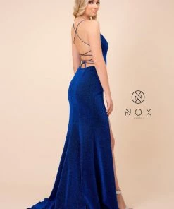 Long Metallic Dress With Corset Back By Nox Anabel R358