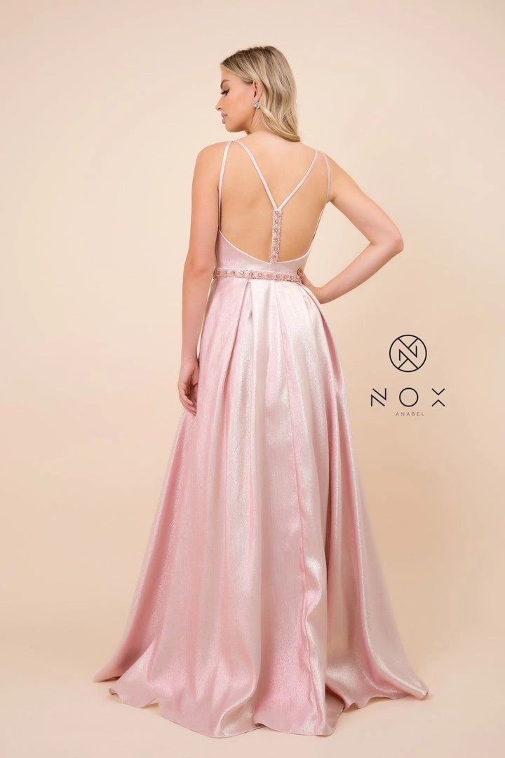 Long Metallic Dress With Illusion Neckline By Nox Anabel M271 Prom 6 Long Metallic Dress With Illusion Neckline By Nox Anabel M271 Prom