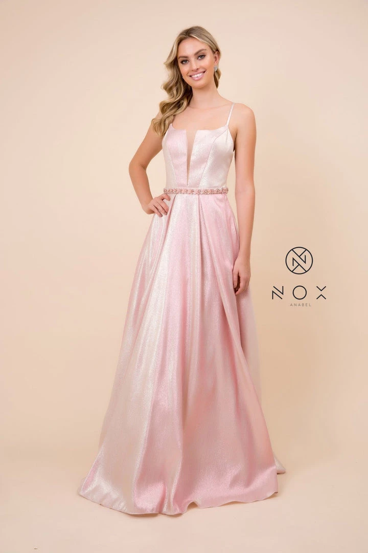 Long Metallic Dress With Illusion Neckline By Nox Anabel M271 Prom 5 Long Metallic Dress With Illusion Neckline By Nox Anabel M271 Prom
