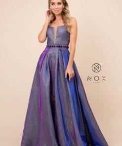 Long Metallic Dress With Illusion Neckline By Nox Anabel M271 Prom