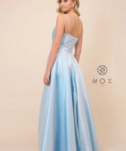 Long Metallic Dress With Pleated Bodice By Nox Anabel R347 Prom