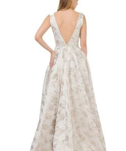 Prom Long Metallic Floral Print Dress With Pockets By Poly USA 8474