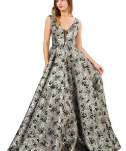 Prom Long Metallic Floral Print Dress With Pockets By Poly USA 8474