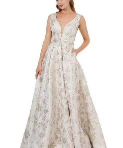 Prom Long Metallic Floral Print Dress With Pockets By Poly USA 8474