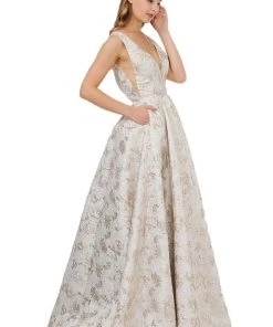 Prom Long Metallic Floral Print Dress With Pockets By Poly USA 8474
