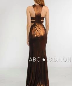 Long Metallic Foil Dress With Side Cutouts By Poly USA 8270 21 Long Metallic Foil Dress With Side Cutouts By Poly USA 8270