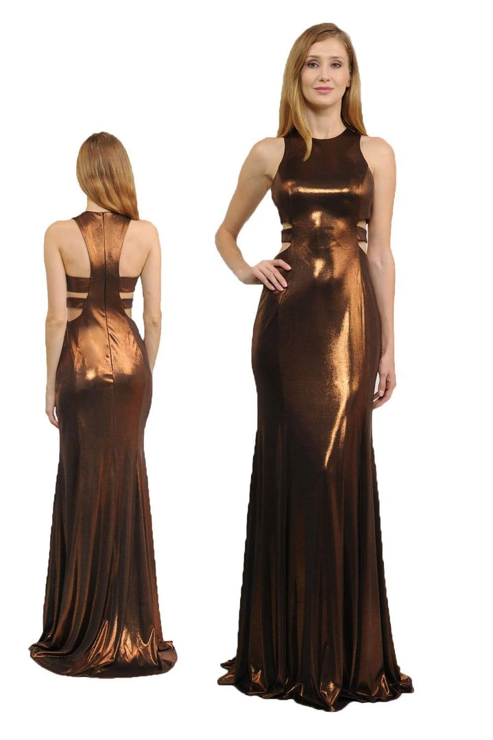 Long Metallic Foil Dress With Side Cutouts By Poly USA 8270 7 Long Metallic Foil Dress With Side Cutouts By Poly USA 8270