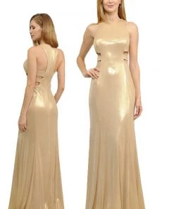 Long Metallic Foil Dress With Side Cutouts By Poly USA 8270 15 Long Metallic Foil Dress With Side Cutouts By Poly USA 8270