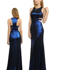 Long Metallic Foil Dress With Side Cutouts By Poly USA 8270 16 Long Metallic Foil Dress With Side Cutouts By Poly USA 8270