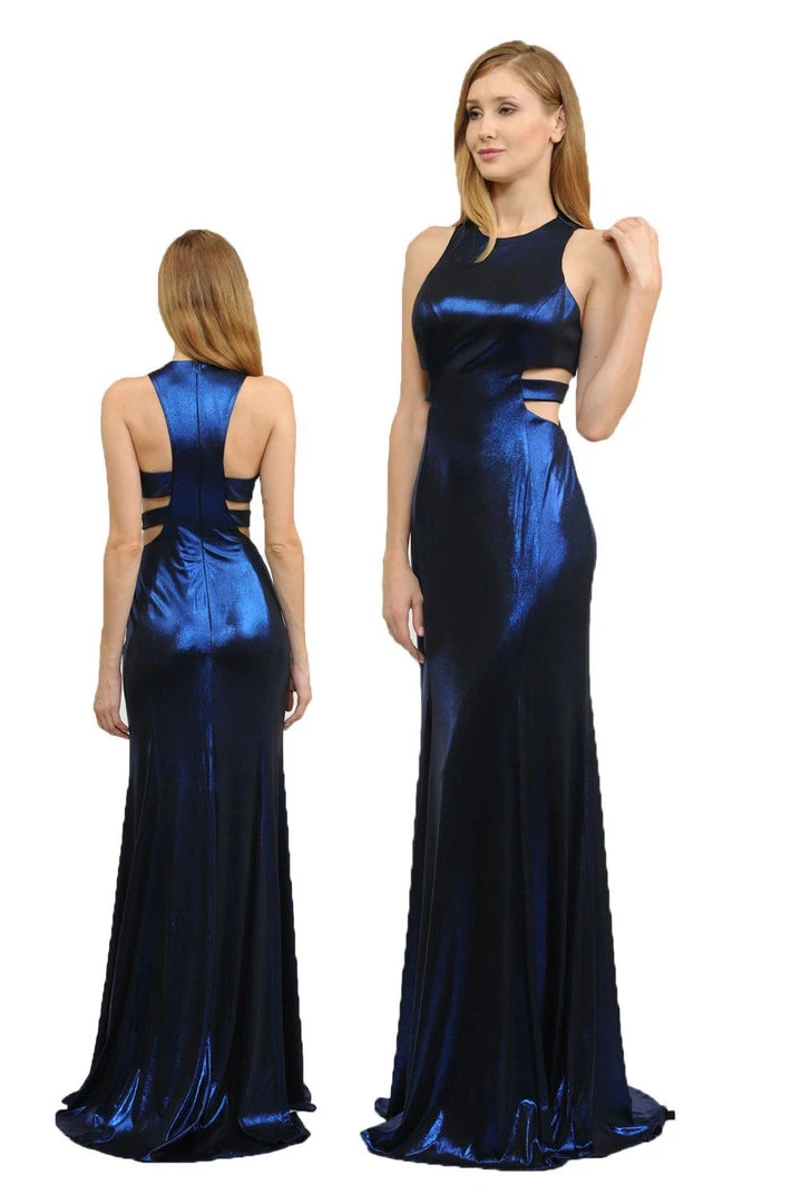 Long Metallic Foil Dress With Side Cutouts By Poly USA 8270 6 Long Metallic Foil Dress With Side Cutouts By Poly USA 8270
