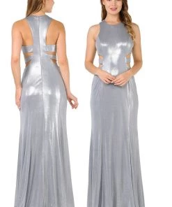 Long Metallic Foil Dress With Side Cutouts By Poly USA 8270