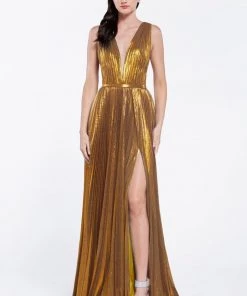 Long Metallic Foil V-Neck Dress By Cinderella Divine CJ529 Prom