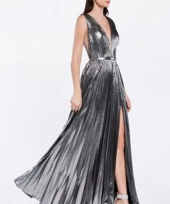 Long Metallic Foil V-Neck Dress By Cinderella Divine CJ529 Prom
