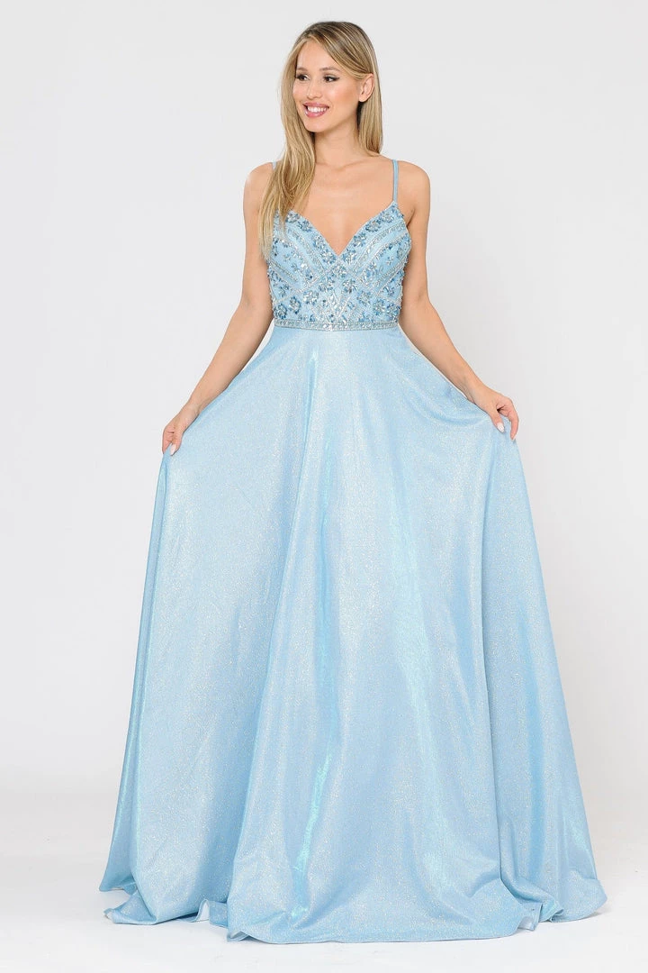 Prom Long Metallic Glitter Dress With Beaded Bodice By Poly USA 8414 17 Prom Long Metallic Glitter Dress With Beaded Bodice By Poly USA 8414