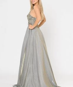 Prom Long Metallic Glitter Dress With Beaded Bodice By Poly USA 8414 23 Prom Long Metallic Glitter Dress With Beaded Bodice By Poly USA 8414