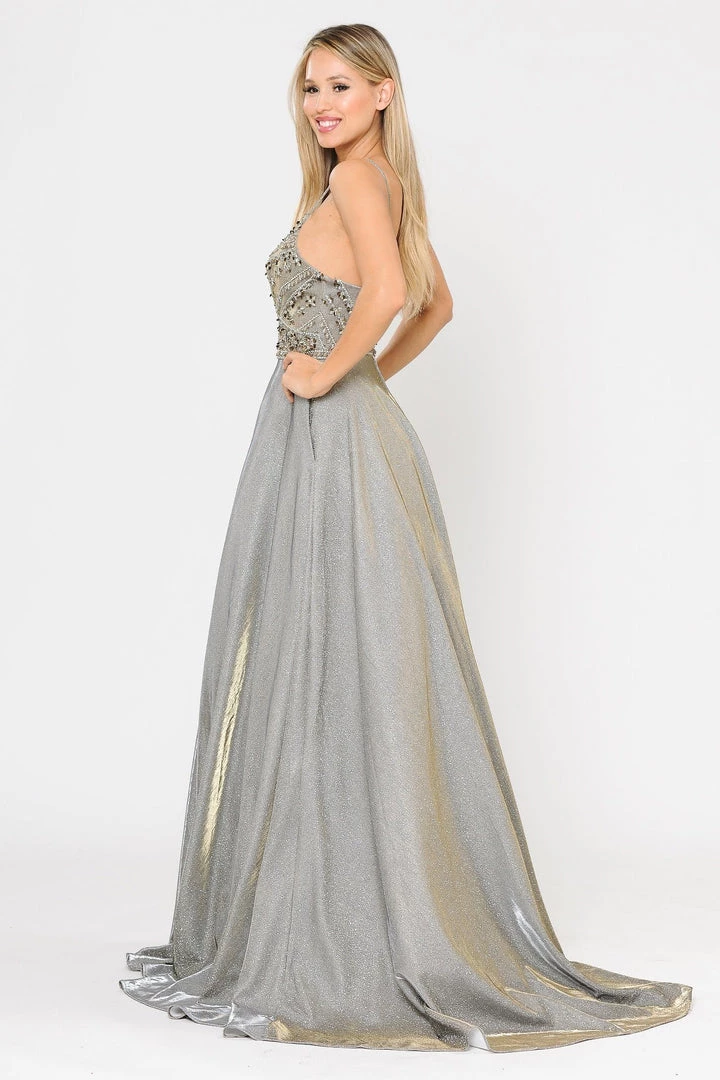 Prom Long Metallic Glitter Dress With Beaded Bodice By Poly USA 8414 8 Prom Long Metallic Glitter Dress With Beaded Bodice By Poly USA 8414