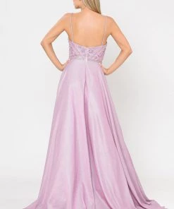 Prom Long Metallic Glitter Dress With Beaded Bodice By Poly USA 8414