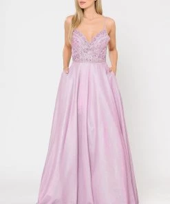 Prom Long Metallic Glitter Dress With Beaded Bodice By Poly USA 8414 21 Prom Long Metallic Glitter Dress With Beaded Bodice By Poly USA 8414