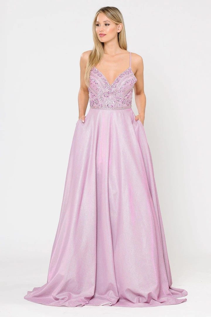 Prom Long Metallic Glitter Dress With Beaded Bodice By Poly USA 8414 6 Prom Long Metallic Glitter Dress With Beaded Bodice By Poly USA 8414