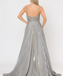 Prom Long Metallic Glitter Dress With Beaded Bodice By Poly USA 8414 24 Prom Long Metallic Glitter Dress With Beaded Bodice By Poly USA 8414