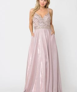 Prom Long Metallic Glitter Dress With Beaded Bodice By Poly USA 8414 28 Prom Long Metallic Glitter Dress With Beaded Bodice By Poly USA 8414