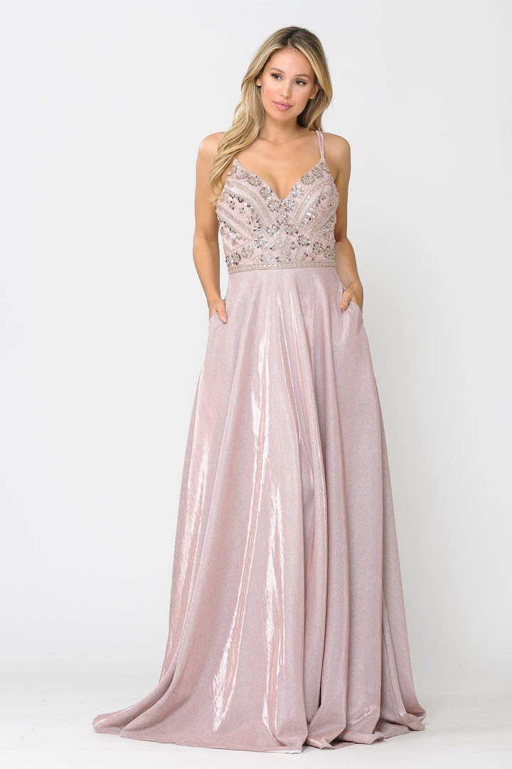 Prom Long Metallic Glitter Dress With Beaded Bodice By Poly USA 8414 13 Prom Long Metallic Glitter Dress With Beaded Bodice By Poly USA 8414