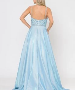 Prom Long Metallic Glitter Dress With Beaded Bodice By Poly USA 8414 30 Prom Long Metallic Glitter Dress With Beaded Bodice By Poly USA 8414