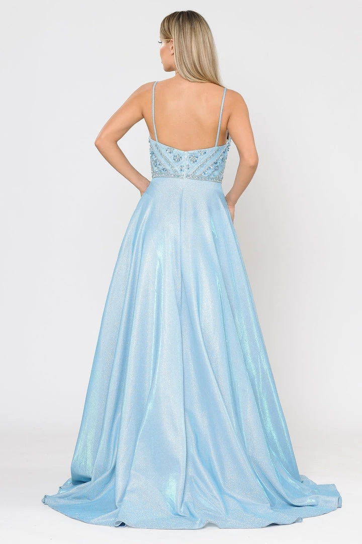 Prom Long Metallic Glitter Dress With Beaded Bodice By Poly USA 8414 15 Prom Long Metallic Glitter Dress With Beaded Bodice By Poly USA 8414