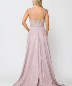 Prom Long Metallic Glitter Dress With Beaded Bodice By Poly USA 8414 26 Prom Long Metallic Glitter Dress With Beaded Bodice By Poly USA 8414