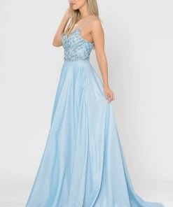 Prom Long Metallic Glitter Dress With Beaded Bodice By Poly USA 8414 31 Prom Long Metallic Glitter Dress With Beaded Bodice By Poly USA 8414