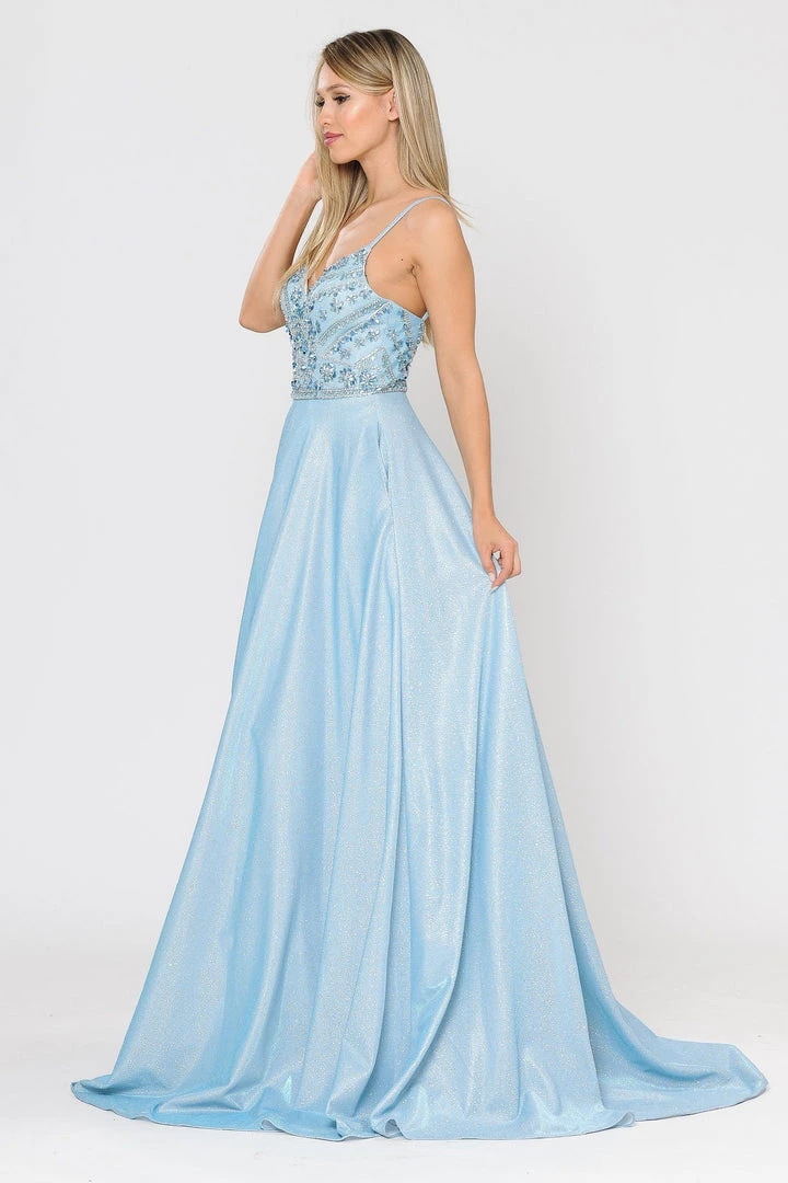 Prom Long Metallic Glitter Dress With Beaded Bodice By Poly USA 8414 16 Prom Long Metallic Glitter Dress With Beaded Bodice By Poly USA 8414