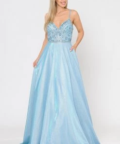 Prom Long Metallic Glitter Dress With Beaded Bodice By Poly USA 8414 29 Prom Long Metallic Glitter Dress With Beaded Bodice By Poly USA 8414