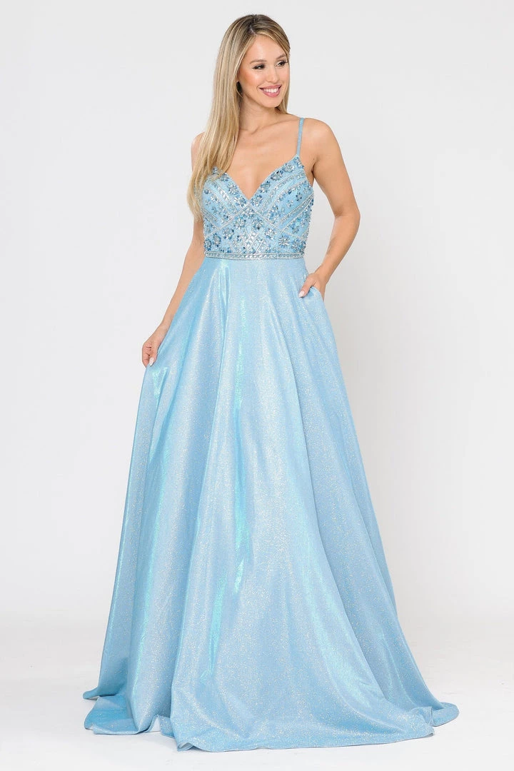 Prom Long Metallic Glitter Dress With Beaded Bodice By Poly USA 8414 14 Prom Long Metallic Glitter Dress With Beaded Bodice By Poly USA 8414