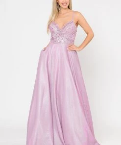 Prom Long Metallic Glitter Dress With Beaded Bodice By Poly USA 8414