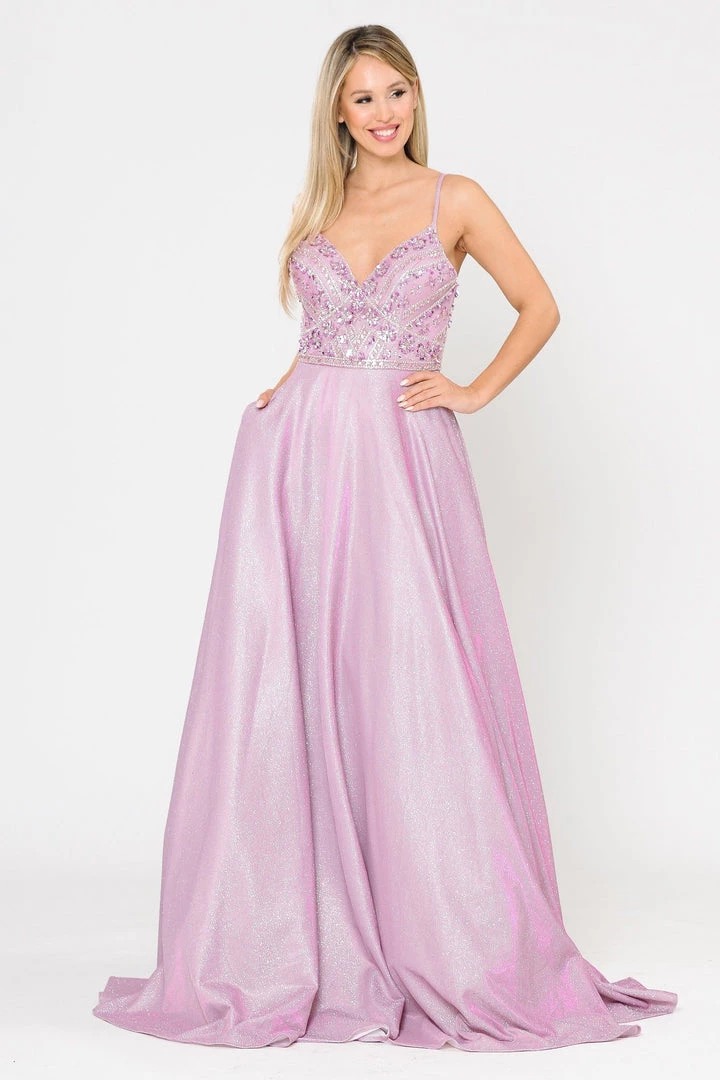 Prom Long Metallic Glitter Dress With Beaded Bodice By Poly USA 8414 3 Prom Long Metallic Glitter Dress With Beaded Bodice By Poly USA 8414