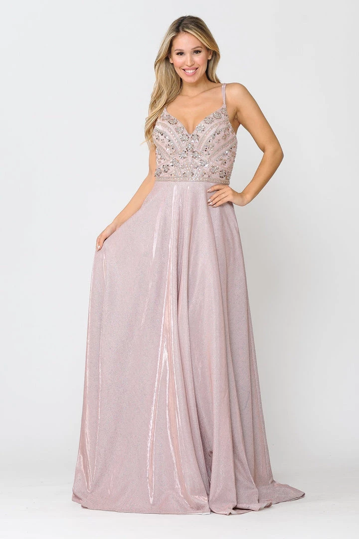 Prom Long Metallic Glitter Dress With Beaded Bodice By Poly USA 8414 10 Prom Long Metallic Glitter Dress With Beaded Bodice By Poly USA 8414