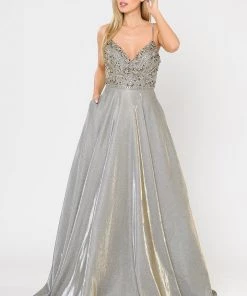Prom Long Metallic Glitter Dress With Beaded Bodice By Poly USA 8414 22 Prom Long Metallic Glitter Dress With Beaded Bodice By Poly USA 8414
