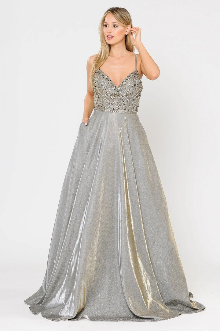 Prom Long Metallic Glitter Dress With Beaded Bodice By Poly USA 8414 7 Prom Long Metallic Glitter Dress With Beaded Bodice By Poly USA 8414