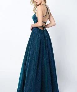 Long Metallic Glitter Dress With Lace-Up Back By Juliet 204 Prom
