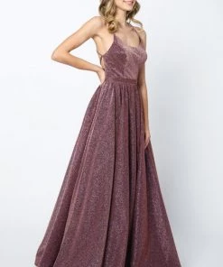 Long Metallic Glitter Dress With Lace-Up Back By Juliet 204 Prom