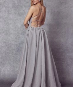 Long Metallic Glitter Dress With Lace-Up Back By Juliet 204 Prom