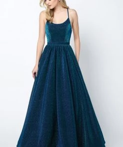 Long Metallic Glitter Dress With Lace-Up Back By Juliet 204 Prom