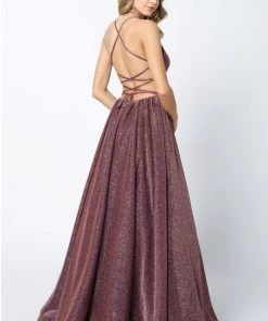 Long Metallic Glitter Dress With Lace-Up Back By Juliet 204 Prom