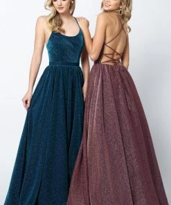 Long Metallic Glitter Dress With Lace-Up Back By Juliet 204 Prom