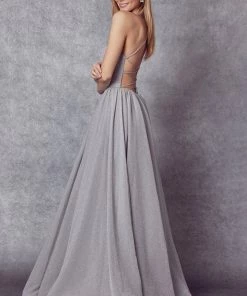 Long Metallic Glitter Dress With Lace-Up Back By Juliet 204 Prom