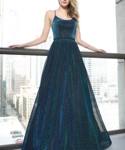 Long Metallic Glitter Dress With Lace-Up Back By Juliet 204 Prom