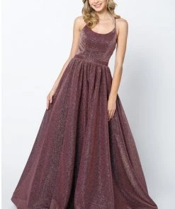 Long Metallic Glitter Dress With Lace-Up Back By Juliet 204 Prom