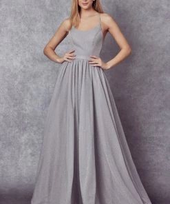Long Metallic Glitter Dress With Lace-Up Back By Juliet 204 Prom