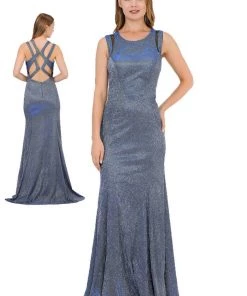 Prom Long Metallic Glitter Dress With Open Back Cut Outs By Poly USA 8342