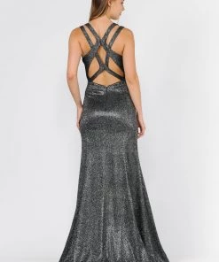 Prom Long Metallic Glitter Dress With Open Back Cut Outs By Poly USA 8342